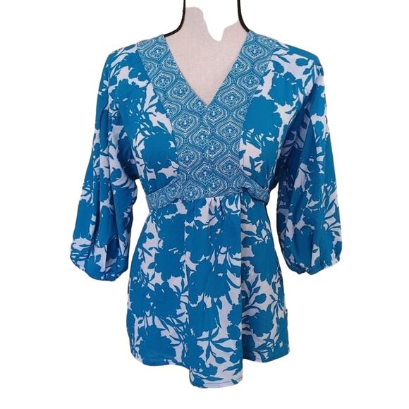 George Floral Flowers Size Small S Blue White Coastal Greece V Neck Blouse - Picture 1 of 11